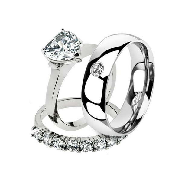 His Hers Stainless Steel Round CZ Engagement Promise 3 PC Ring Band Guard Set U